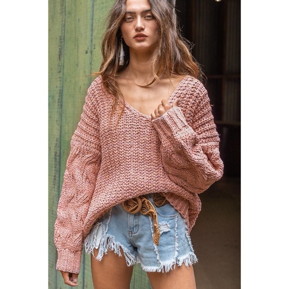 POL Dusty Pink Color Blend V Neck Chenille Sweater with Cable Knit Sleeves - Picture 8 of 8